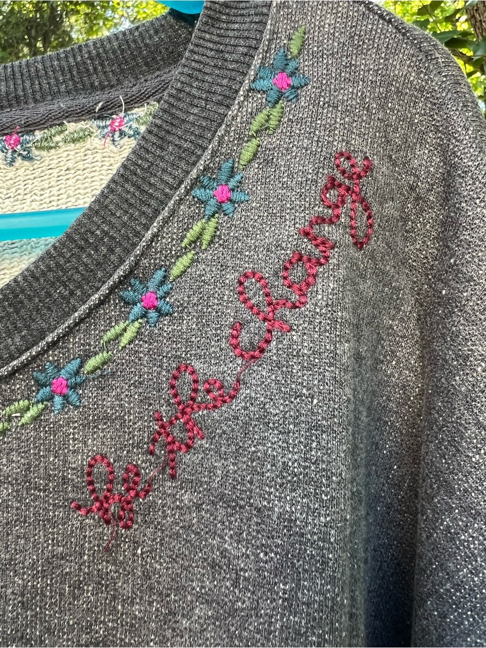NATURAL LIFE Gray sweatshirt with Pink & Teal Floral Embroidery